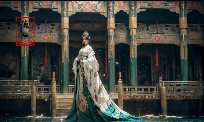 606247209521969373-1467802235-Dark and majestic Chinese palace background at night, waves and swirls of emerald color, a beautiful girl standing in the palace.jpg